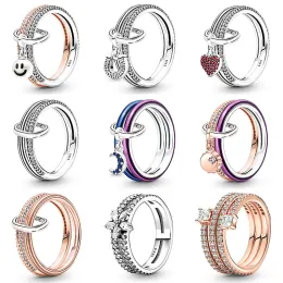 new 925 Sterling Silver Wedding Rings For Women DIY fit Pandoras ME Sparkling Rose Base Crystal Finger Ring Crown Party Jewelry Mother's Day gift
