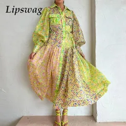 Vestidos casuais Vintage Splicing maxi vestido maxi moda bohemian lantern manga camisa feminina outono padrão floral lape-up lape-up