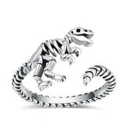 SG 925 Sterling Silber Dinosaurier Skelett Süßes Tier verstellbarer offener Schädel Vintage Daumen Ring Schmuck Geschenk240429