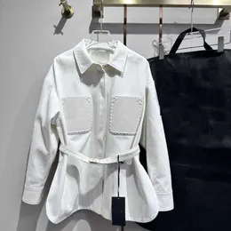 Women's Jackets Designer Brand Double F Quality Pu Pocket Customized Denim Fabric Fashion Shirt Flip Collar Belt Village Coat Waist 4QEL 0P88