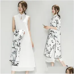 Ethnic Clothing Chinese Style Loose Casual Cheongsam Two-Piece Retro Ink Painting Printed Jacket Simple Solid Color Dress Suit Drop Dhhx9