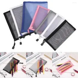 Förvaringspåsar färg mode stationer kosmetiska handväskor smink mesh pennar transparent rutnät blixtlås blyertsfodral