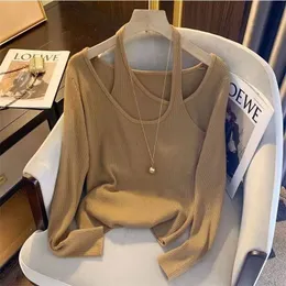 Tasarımcı Kadın Bluzları Gömlek Moda Bahar Düzensiz Düz Renk O boyunduruk Uzun Kollu T-Shirt Kadın Giysileri Zarif Patchwork Pullover Alın Mahzası Üstleri