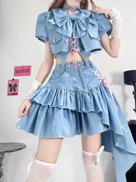 Sukienki robocze y2k kawaii nieregularne mini dżinsowe spódnice Koreańskie ruffy bandaż bandaż spaghetti Straps Puff rękawy