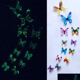 Adesivos de parede 12pcs luminosa 3d borboleta decoração de moda de moda para quarto quarto colorf butterflies decoração entrega dhqo9