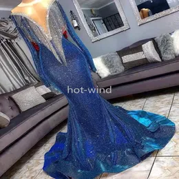 2022 Kraliyet Mavi Paketli Prom Partisi Elbiseler Parlayan püsküllüler Uzun Sleeevs Denizkızı Akşam Elbise 2K19 Resmi Elbise Özel Yapım EE 235H