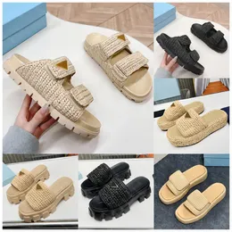Tığ işi slaytlar terlik kadın tasarımcısı üst kaliteli monolit köpük sandalları lüks saman patent sanda