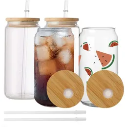Американский местный склад Местный склад 16 унций сублимационные стеклянные стеклянные чашки для выпивки пива с бамбуковой крышкой FY5118 0514