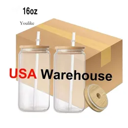 US CA Stock 16 unz sublimacja szklane kubki ze słomką i pokrywką bambusową można ukształtować przezroczyste kubki na piwo mrożone kawy kawy 0327 0514