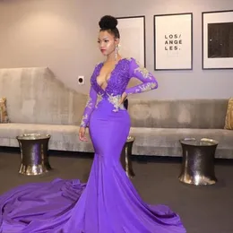 Africa Light Purple Sexy Mermaid Prom Dresses 2020 Sexy Deep Deep Valle a Vale alette lunghe Black Girl Dress Abito da festa Evening Wear Robe 237J