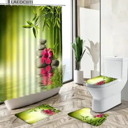 Shower Curtains Zen Spa Themed Bathroom Sets Green Bamboo Stone Flowers Water Non-Slip Carpet Toilet Cover Floor Mat Washable