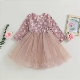 Mädchenkleider 1-6 Jahre Mädchen Mesh Kleid Garnsticken dreidimensionale Blumen Blütenblätter für runde Hals Langarm Prinzessin