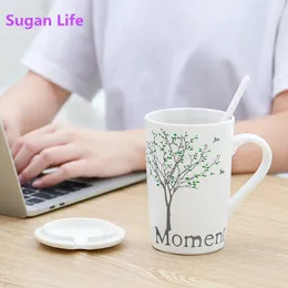 Muggar Sugan Life Ceramic Water Cup Milk med täckt sked Mark Hushåll Enkel färsk stor kapacitet Oats frukostpar