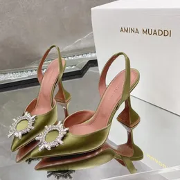 Amina Muaddi Silk High Heel Sandals Luxury Dress Shoes Fashion Leather Mules Spool Heels 9.5CM Starbust Brooch Sunflower Bowtie Satin Rhinestone Wedding Party Pumps