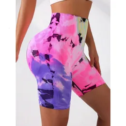 Women Sport Short Tie Dye Yoga Shorts For Fitness Gym Seamless Summer Pants High midje Leggings Sportwear 240510