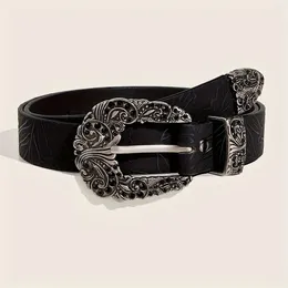 Belts 1 Piece Women's Retro Western Style Denim Embellished Hollow Buckle Floral Embossed PU Belt For Daily Wear And Travel
