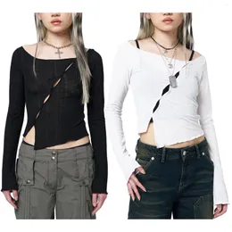 Kvinnors T-skjortor Casual Sexig Slim Croped Tops Solid Color Boat Neck Long Sleeve Cutout Front T-Shirt Clubwear