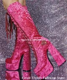 Stiefel Western Fashion Pink Samt Chunky Ferse Knie hochrunde Zehenplattform Schnürung dick lang lang