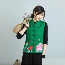 Roupas étnicas chinesas tradicionais roupas de hanfu tang sang colet women bordado flor flor sem mangas algodão casaco top p1 gota de dhdjh