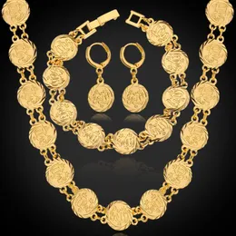 Dubai Gold Color Jewelry Conjuntos de colar de colar Brincos de pulseira para mulheres Religião islâmica étnica Moedas de casamento Jóias de casamento 240511