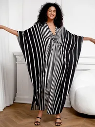 Sunforyou Kaftanドレス女性のための黒い縞模様のスリキープラスサイズのカフティンビーチカバーローブルーブルーズソフトマキシドレス