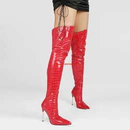 Boots McNabney 2024 Women Pointed Stiletto Heels Over The Knee Crocodile Sexy Long Red Grey Purple Yellow Modern