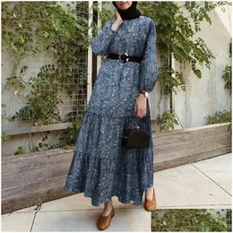 Ethnic Clothing Muslim Islam Fashion Print Women Dresses Dubai Middle East Femme Dreess With Belt Eid Ramadan Lady Robe S Arabia Dro Dhqna