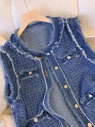 Kvinnor Single Breasted Plaid Denim Vest med Tassel Elegant Lady Vests Blue Spring Autumn Flow Sleeveless Tank Top Coat 240513