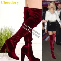 Buty Choudory Wine Red Crushed Velvet nad kolanem Chunky Heels Ud High Luxury Dame Dress Buty Dropship