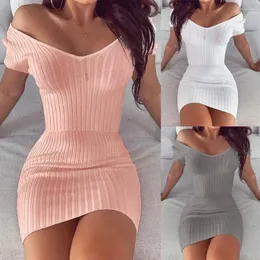 Sukienki imprezowe Dziewczyny Spring Sexy V-Neck Slim Fit Dress Ladies Krótki rękaw Ice Silk Striped Bodycon Pink White Party Fear Eleganckie kobiety