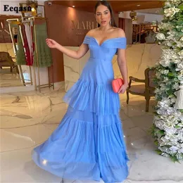 Sukienki imprezowe Eeqasn Sexy Beach Blue Off the ramię wieczorna sukienka Szyfonowa spódnica długa suknie balowe dla kobiet w Plus Size Formal