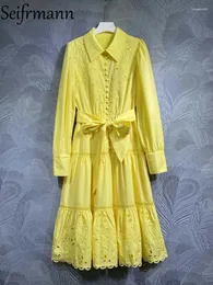 Casual Dresses Seifrmann High Quality Summer Women Fashion Runway Cotton Dress Long Lantern Sleeve Bow Belt Yellow Hollow Out Hem Midi