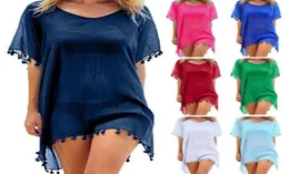 Chiffon Beach Cover Ups Women Tassel Balls Beachwear Swimwear Solid Pareo Beachwear See Through Lady Summer Mini Dress 10 Colors4925222