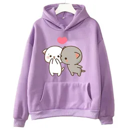 Herrtröjor tröjor persika och goma mochi söt katt tecknad tryck kläder plus size hoodie män kvinnor par tröjor långa slve fmeale strtwear t240510