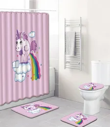 Unicorn 4pcs ванная комната установлена 3D -занавески для душа розовый ковер для гостиной коврики против коврики для ванной комнаты.