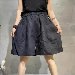 Baumwollwäsche Kurzer Sommer Vintage Elastic Taille Wide Leg Hosen lässig lose übergroße fünfpoint -Kleidung 240510