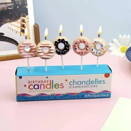 5 pezzi Candele 1Set Cartone Cake Candles Cancelle Regali per la festa Donuts Happy Birthday Childrens Decorazioni per feste romantiche Accessori plug-in per torta romantica