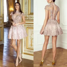 2020 Lovely Blush Pink Ball Gown Short Cocktail Dresses 스팽글 구슬이있는 높은 목 짧은 소매 192w