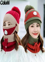 Beanies Caluriri WindProof Hat Women Warm Knit Hats Scarf Sets冬のパッド入りマスクネックプロテクター3 PCセットサイクリングウールCaps2373070