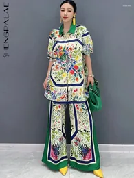 여자 2 조각 팬츠 Shengpalae 2024 Summer 2 세트 인쇄 긴 슬리브 셔츠 넓은 레깅스 패션 캐주얼 우아한 옷 5R9886