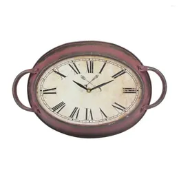 Wall Clocks Retro Red Metal Oval Clock Vintage Roman Numeral Distressed Design 16.5" X 10.6