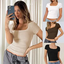 Y2K Summer Naked Women's Wear Slim Fit Square Neck Kort ärm T-shirt tråd stickad skjorta BM TOP F51423