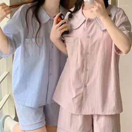 Roupas domésticas CBAFU Summer Stripe Pijama de algodão conjunto feminino colarinho de boneca doce Manga curta Sleeve Sleep Roup