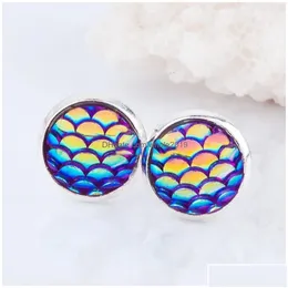 Stud Stud Fashion Drusy Druzy Earrings Stainless Steel 12Mm Mermaid Fish/Dragon Scale Pattern For Women Lady Jewelry Drop Delivery Dhw Dhrrf