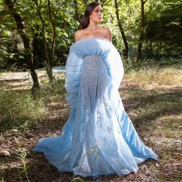 Party Dresses Pretty Baby Blue Lace Long Pregnant Women Strapless Beaded Ruched Middle East Wedding Guest Maxi Gowns