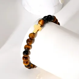 Link Bracelets Mprainbow Tiger Eye Stone Beaded For Men Boys Gold Plated Cross Charm Wristband Religious Jewelry Gift Him