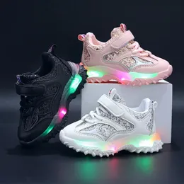 Summer Sneakers Kids Fashion Girls Led Light Shoes Letter Mesh Breattable Luminous Casual Sports Boys 240430