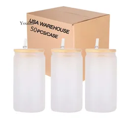 US Warehouse Sublimation Tumbler 16Oz Clear Frosted Cups Blanks Bamboo Lid Beer Can Glass Mason Jar Mug With Plastic Straw 0514