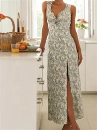 Повседневные платья Chronstyle retro Женщины цветочный принт с длинным платьем без рукавов V Шея передняя шнур