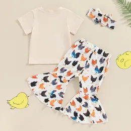 Kläduppsättningar Småbarn Baby Girl Farm Outfit Free Range Kort ärm Crewneck T-shirt Chicken Print Fleared Pants Set Summer Clothes